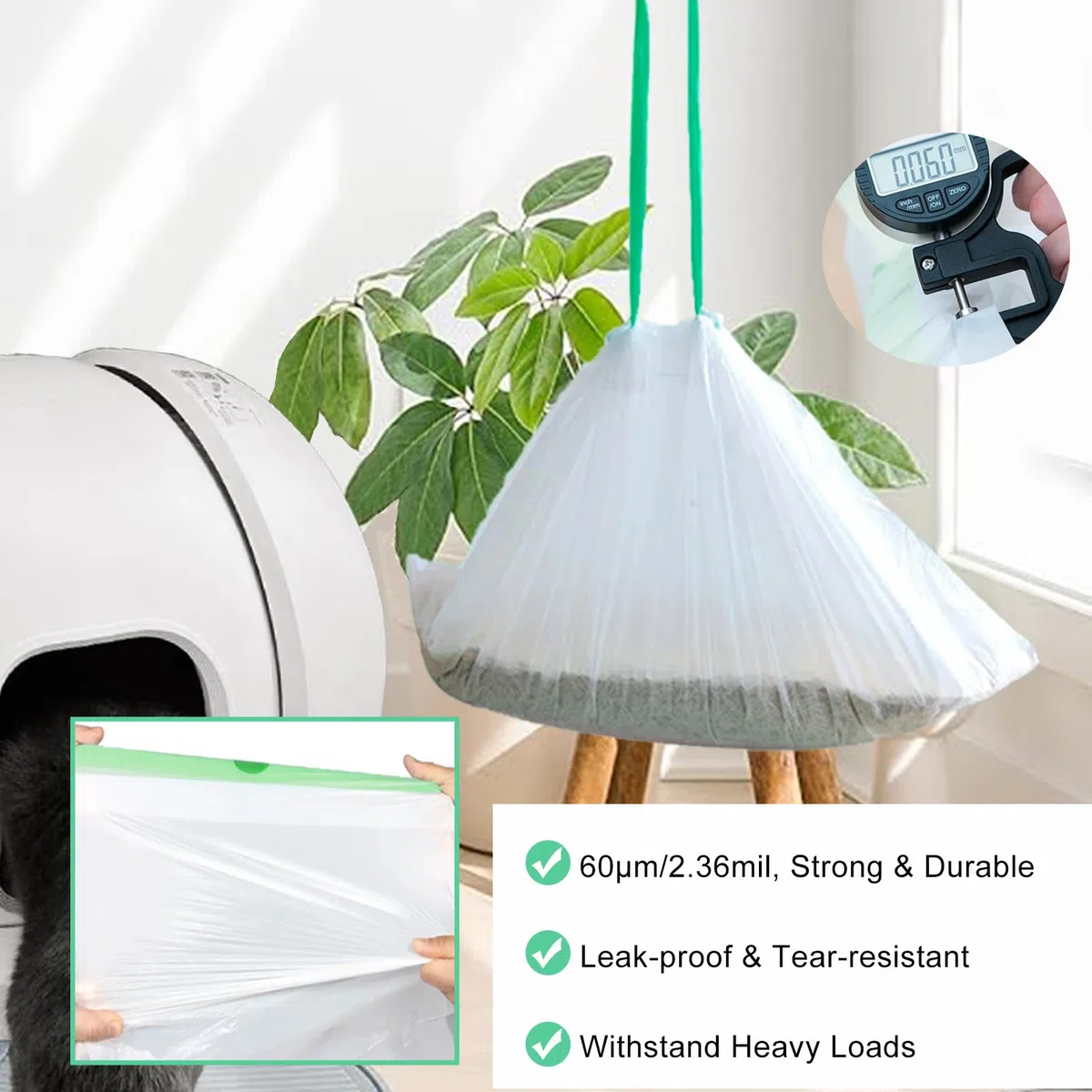 Paquete de 100 bolsas de arena para gatos compatibles con caja de arena para gatos autolimpiable, forro grueso y resistente con cordón compatible con caja de arena automática PURA X/MAX de 23 x 12