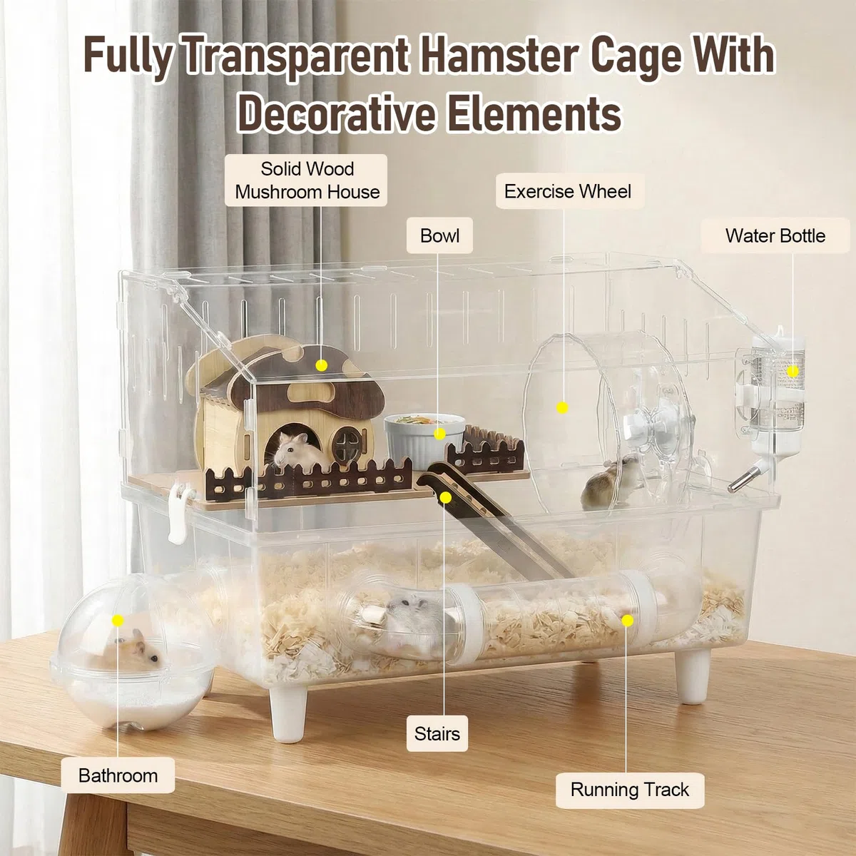 Jaula grande de acrílico para hámster de 2 capas, jaula de hámster sirio con ventana de visualización, 45 x 28 x 34 cm, jaula de jerbo transparente con decoración de casa de hongos, jaula de ratón