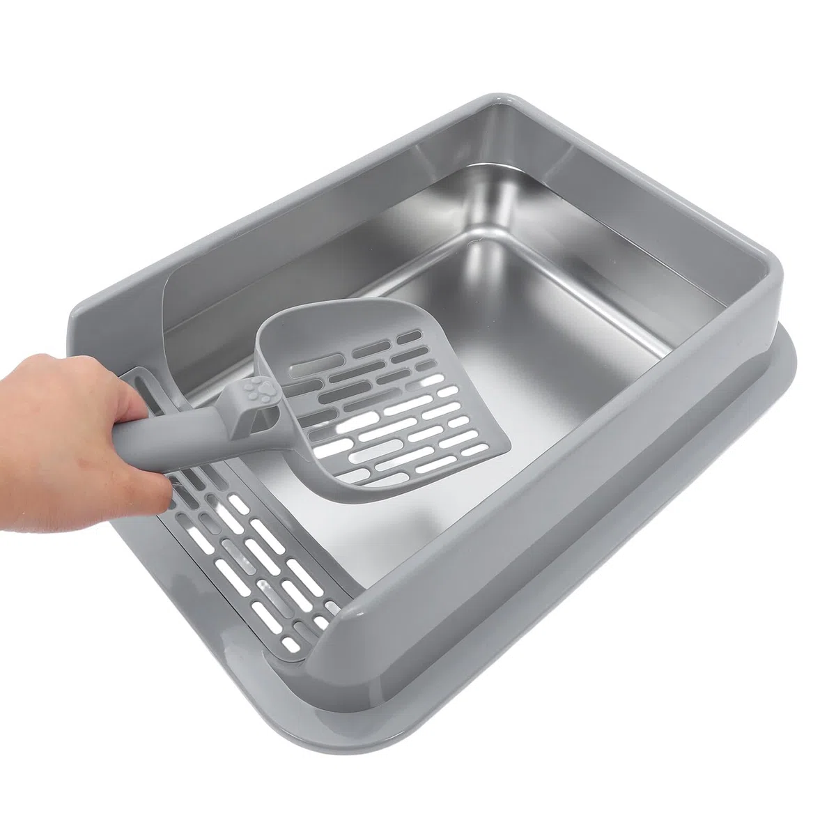 DOITOOL Bandeja de Arena para Gatos de Acero Inoxidable Mediana con Tapa Metálica Gris Caja Cerrada Antiadherente para Uso Doméstico Interior y Exterior Accesorios Gatos Caja de Arena