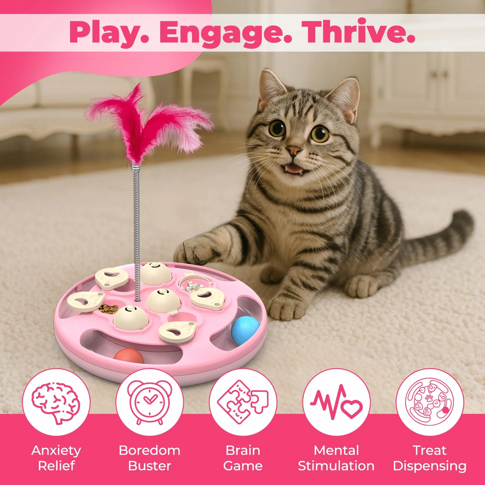 Juguetes y juegos de rompecabezas para gatos, nivel 3 en 1 con bolas de seguimiento, juguete de plumas y alimentador de golosinas, base antideslizante, par de enriquecimiento de estimulación