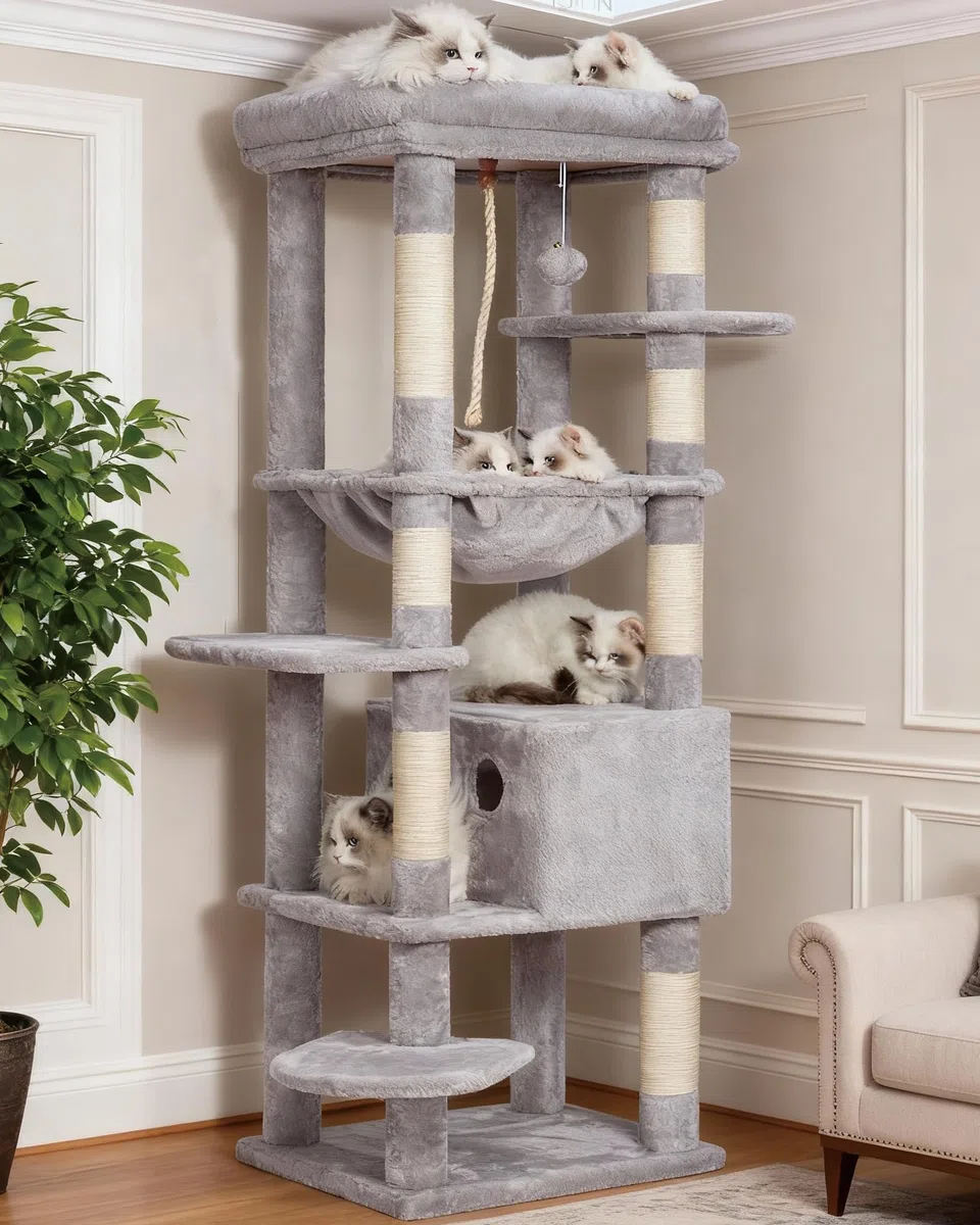 Heybly Arbol para Gatos, Altura 153 cm,con 7 Postes Rascadores, Plataformas, Cesta, Cueva, Hamaca, Pompones, Adultos Torre de Gatos Casita Juego para Mascota Gris Claro HCT050W