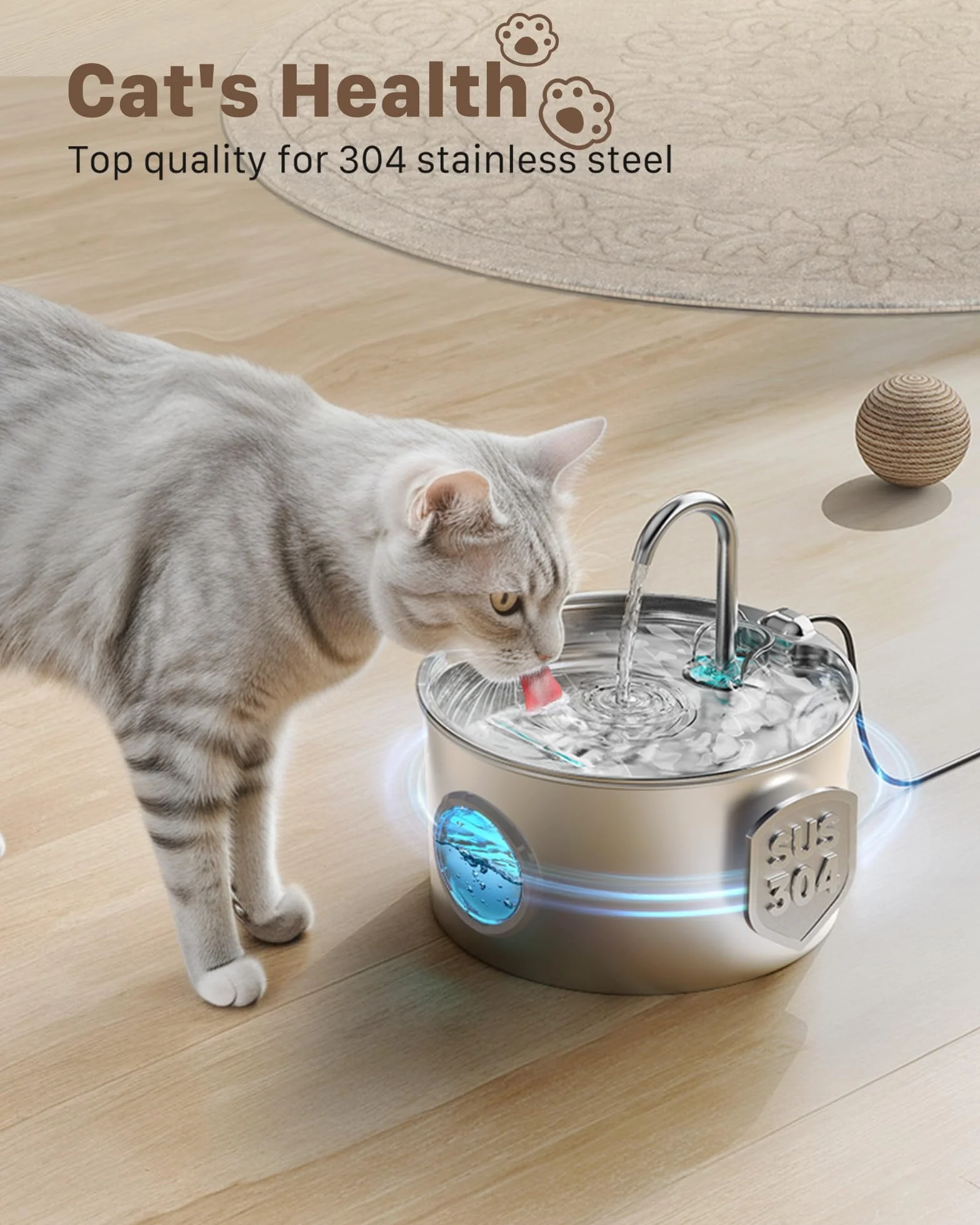 Fuente de agua para gatos INOX: fuente de agua para gatos – 2,2 l dispensador de agua para gatos automático – fuentes de agua limpia – Dispensador de perros con 6 filtros + 3 esponjas