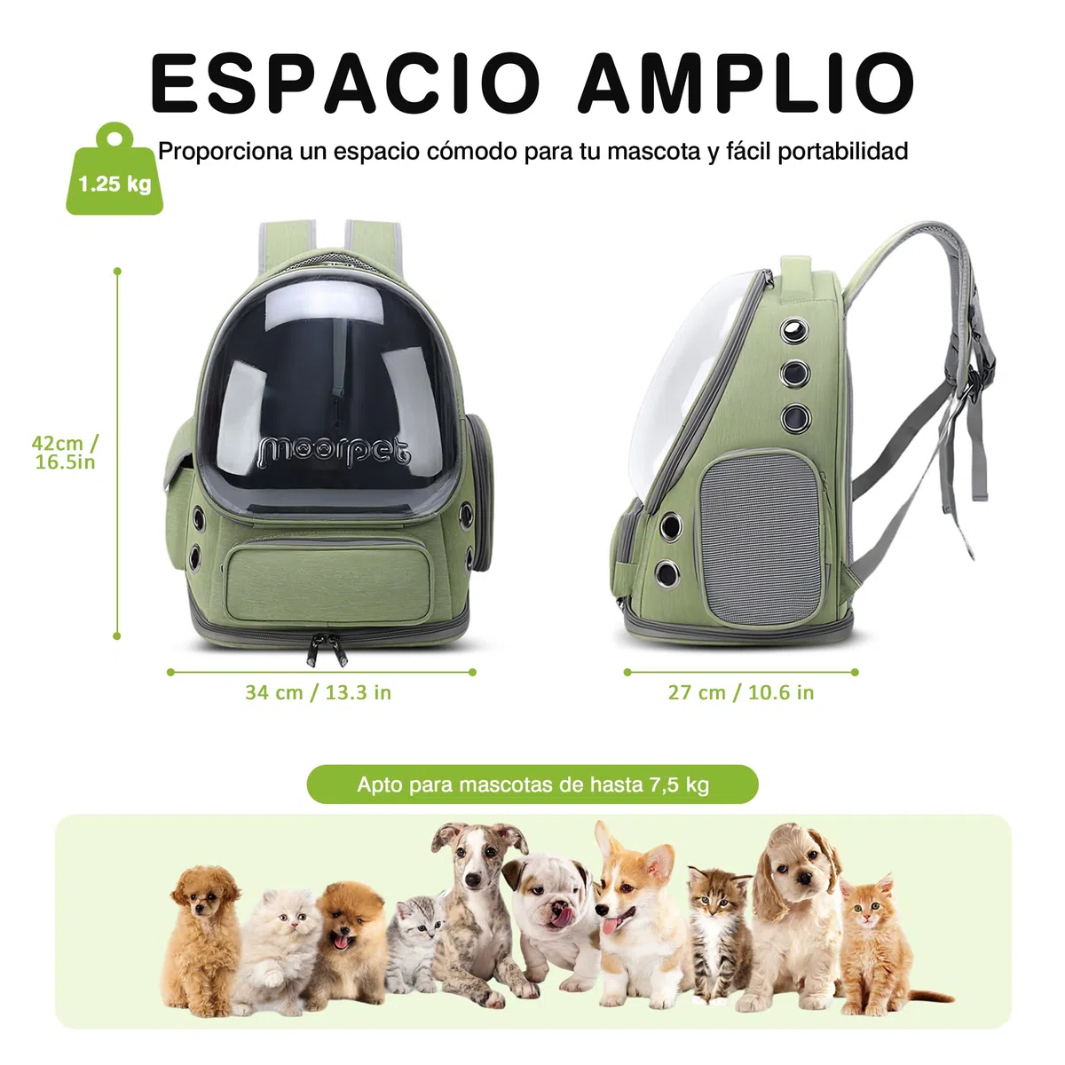 ALLSOPETS Mochila para Gatos y Perros con Diseño de Burbuja, Plegable y Portátil, para Mascotas hasta 7,5 kg, Ideal para Viajes, Senderismo y Visitas al Veterinario (Verde Bosque)