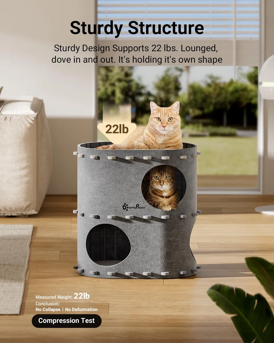 DownyPaws Casa de gato de 2 pisos para gatos de interior, cueva de cama para varios gatos, gris claro