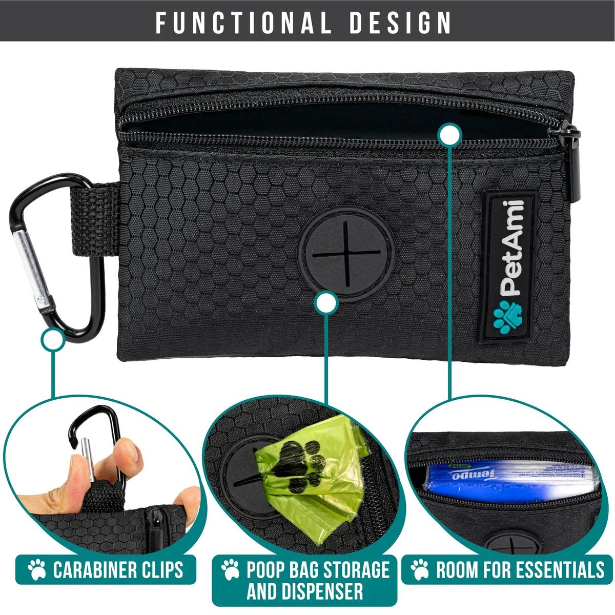 PetAmi Soporte para bolsas de excremento de perro para correa, dispensador de bolsas de basura para perros con clip para cachorros, accesorios para caminar, viajes, camping, bolsa de golosinas para