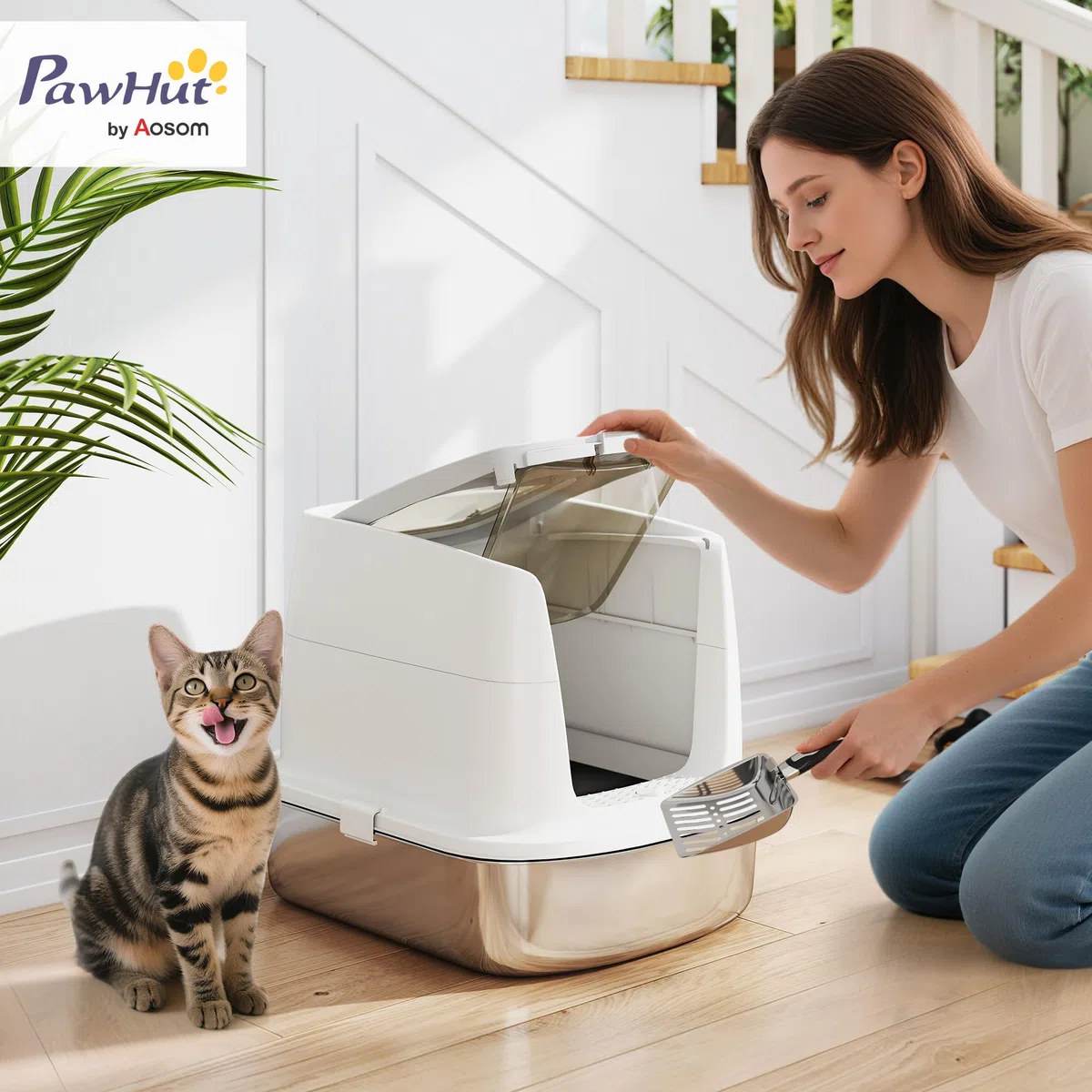 PawHut Arenero para Gatos de Acero Inoxidable L con Tapa Abatible Blanco | Caja de Arena para Gatos, Pala Metálica, Bolsa Desodorizante, Fácil de Limpiar, Antifugas