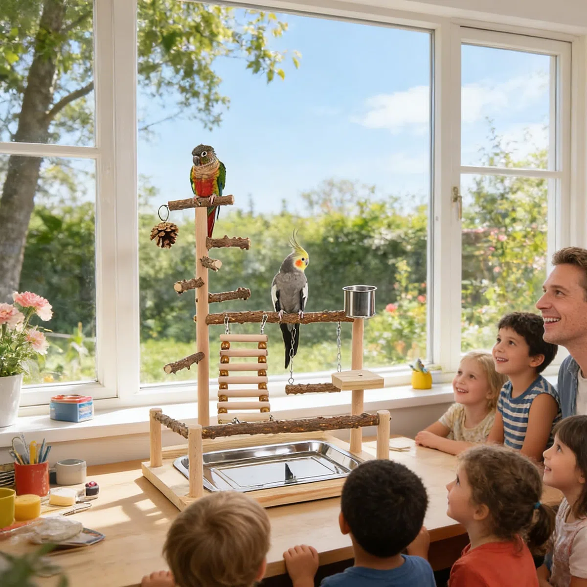 Stand de Juego para Aves Percha de Juego de Madera | Soporte De Perchas Para Aves Con Tazón Y Bandeja De Acero Inoxidable Para Cotorras Pinzones Agapornis Entrenamiento
