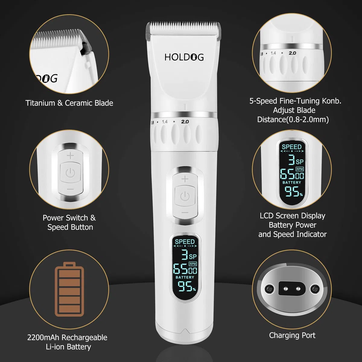 HOLDOG Cortapelos para perros profesional, resistente, 3 velocidades, bajo ruido, alta potencia, recargable, inalámbrico, herramientas de aseo para mascotas para perros pequeños y grandes, gatos,
