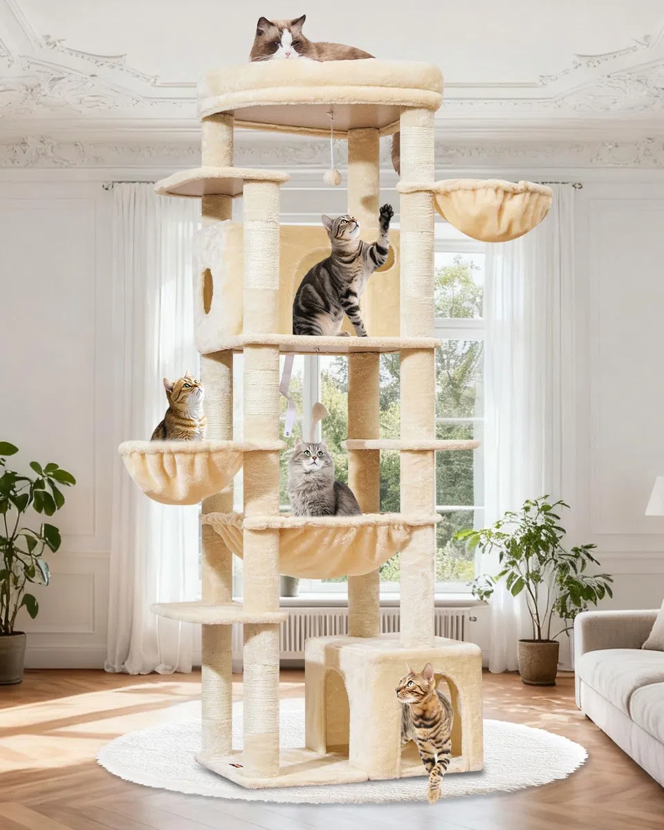 Taoqimiao Rascador para Gatos Grandes, 183cm Arbol Rascador para Gatos com 2 Espacioso Cuevas, 2 Cesta, 7 Poste de Sisal, Hamaca,F20M Beige