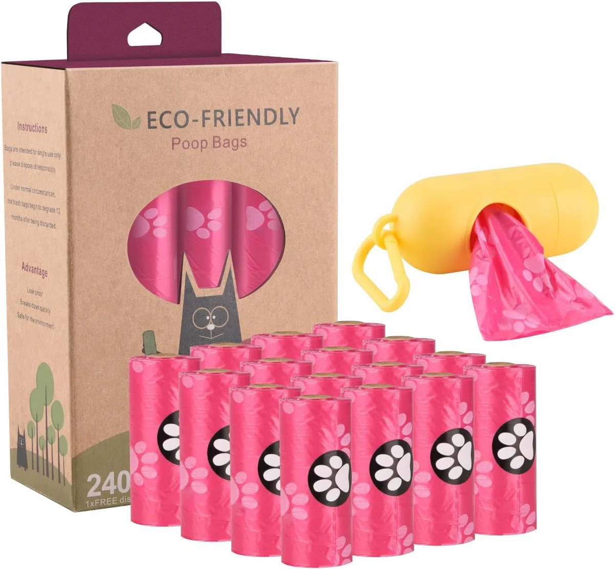 WDFAACK Bolsas biodegradables para caca de perro con soporte, 240 bolsas grandes para excrementos, bolsa compostable mezclada con almidón de maíz, extra gruesas, fuertes a prueba de fugas para perros