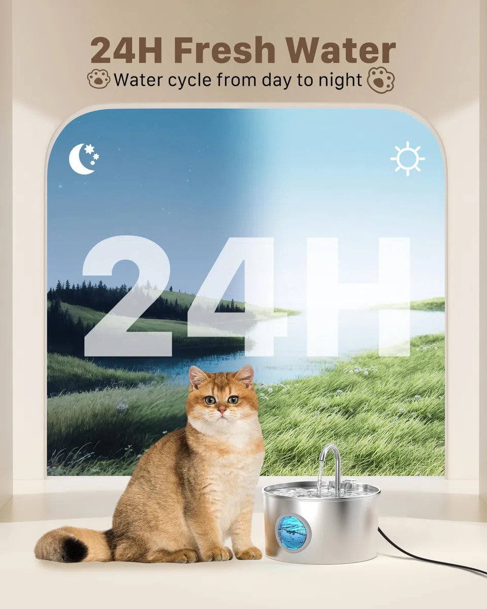 Fuente de agua para gatos INOX: fuente de agua para gatos – 2,2 l dispensador de agua para gatos automático – fuentes de agua limpia – Dispensador de perros con 6 filtros + 3 esponjas