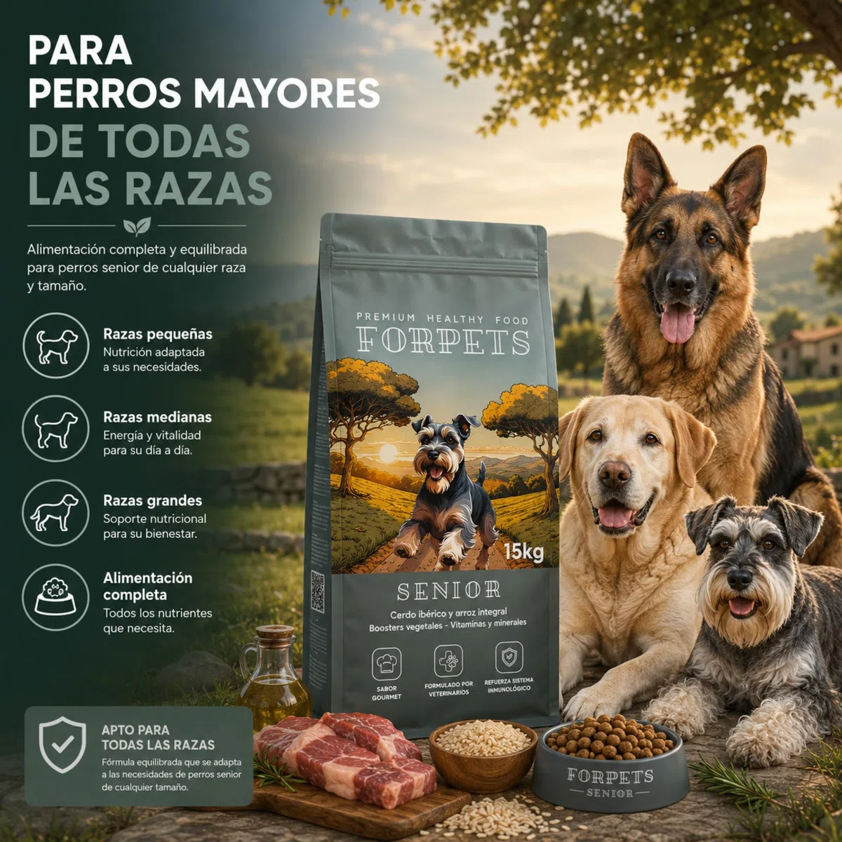 Pienso Senior para Perros Mayores 15 kg | Articulaciones con Glucosamina y Condroitina | Digestión Sensible, Piel Sensible | Razas Medianas y Grandes | Cerdo Ibérico y Sin Gluten | FORPETS