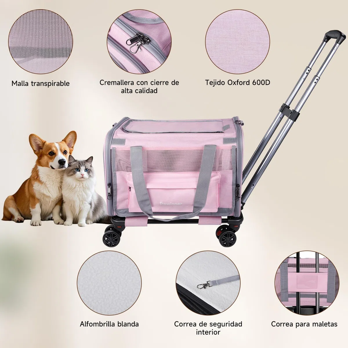 Nueva Bolsa Transporte Transpirable para Mascotas 45x33x33 cm | Transportín para Mascotas con Ruedas Desmontables y Correa Ajustable, para Mascotas Pequeñas y Medianas de hasta 9 kg (Rosa)