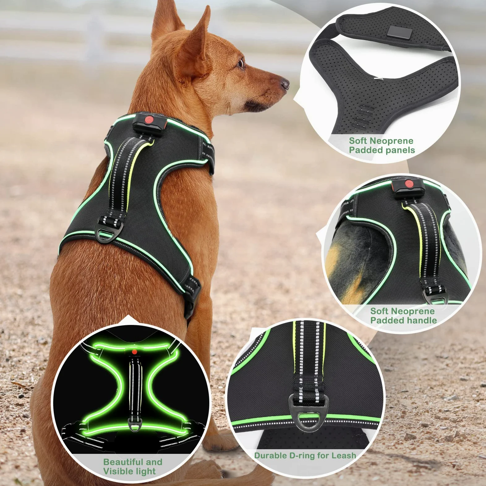 Arnés iluminado para perro, sin tirones, con luz LED, con asa, recargable, para perros pequeños, medianos, grandes y extragrandes, sin tirones, arnés ajustable de 4 puntos