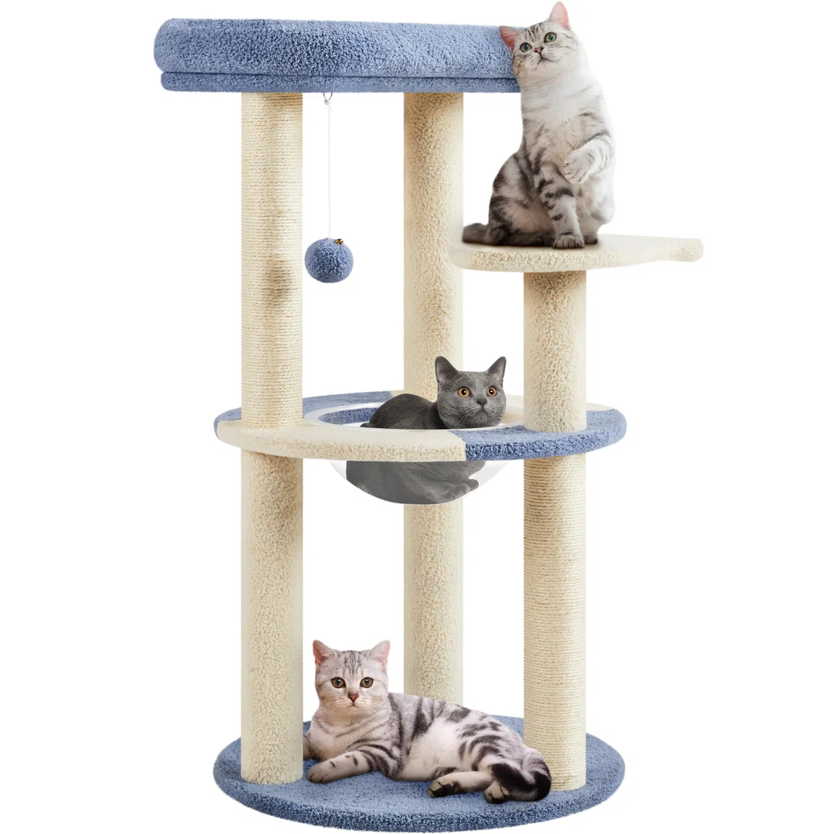 Yaheetech Árbol Rascador para Gatos 90 cm con Soporte Centro Azul y Beige | Cesta Redonda Transparente, Perca superior, Plataforma en forma de paz, Poste sisal resistente,Fácil montaje, Ahorra espacio