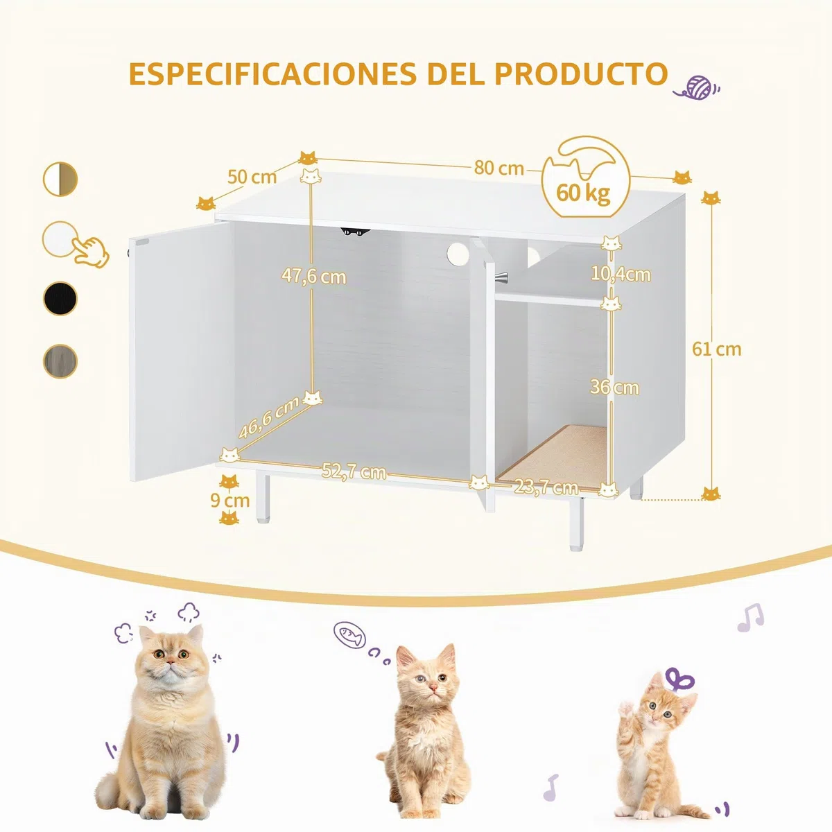 Hzuaneri Armario para Gatos, Mueble Arenero Gatos, Caja de Arena, Mueble Arenero, Casa para Gato con Puerta y Divisor Separado, 50 x 80 x 61 cm, Piernas Altas, Blanco CB01513W