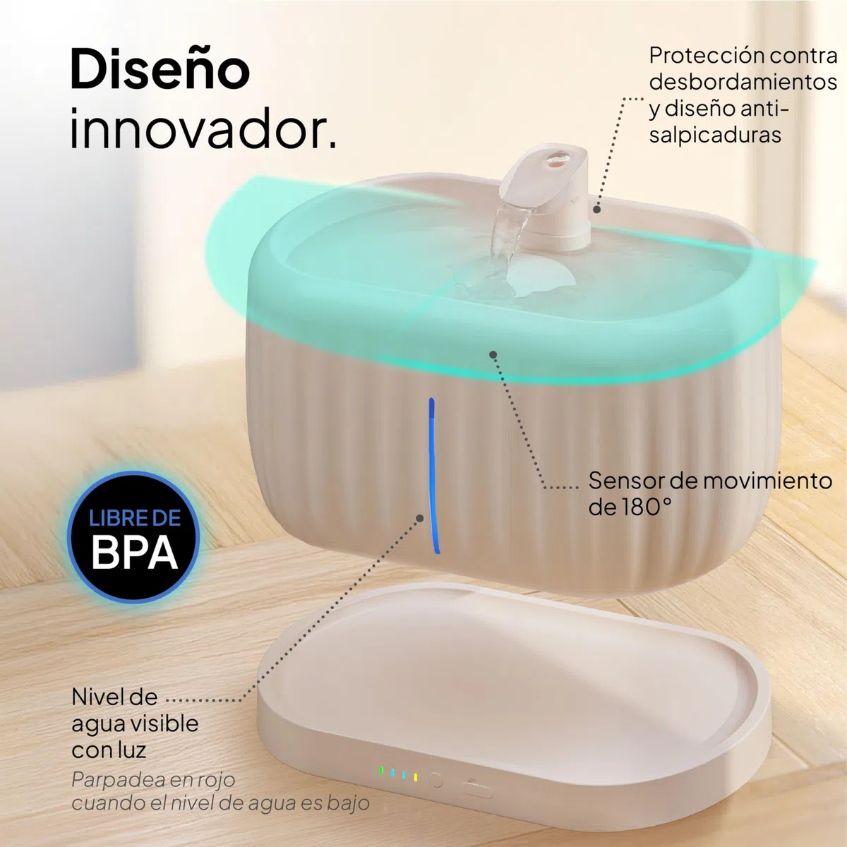 Pretty Paw Fuente de Agua para Gatos Inalámbrica 3L con Sensor de Movimiento - Batería Recargable USB, Bomba Silenciosa, Filtro Integrado - Pure Flow MAX (Beige)