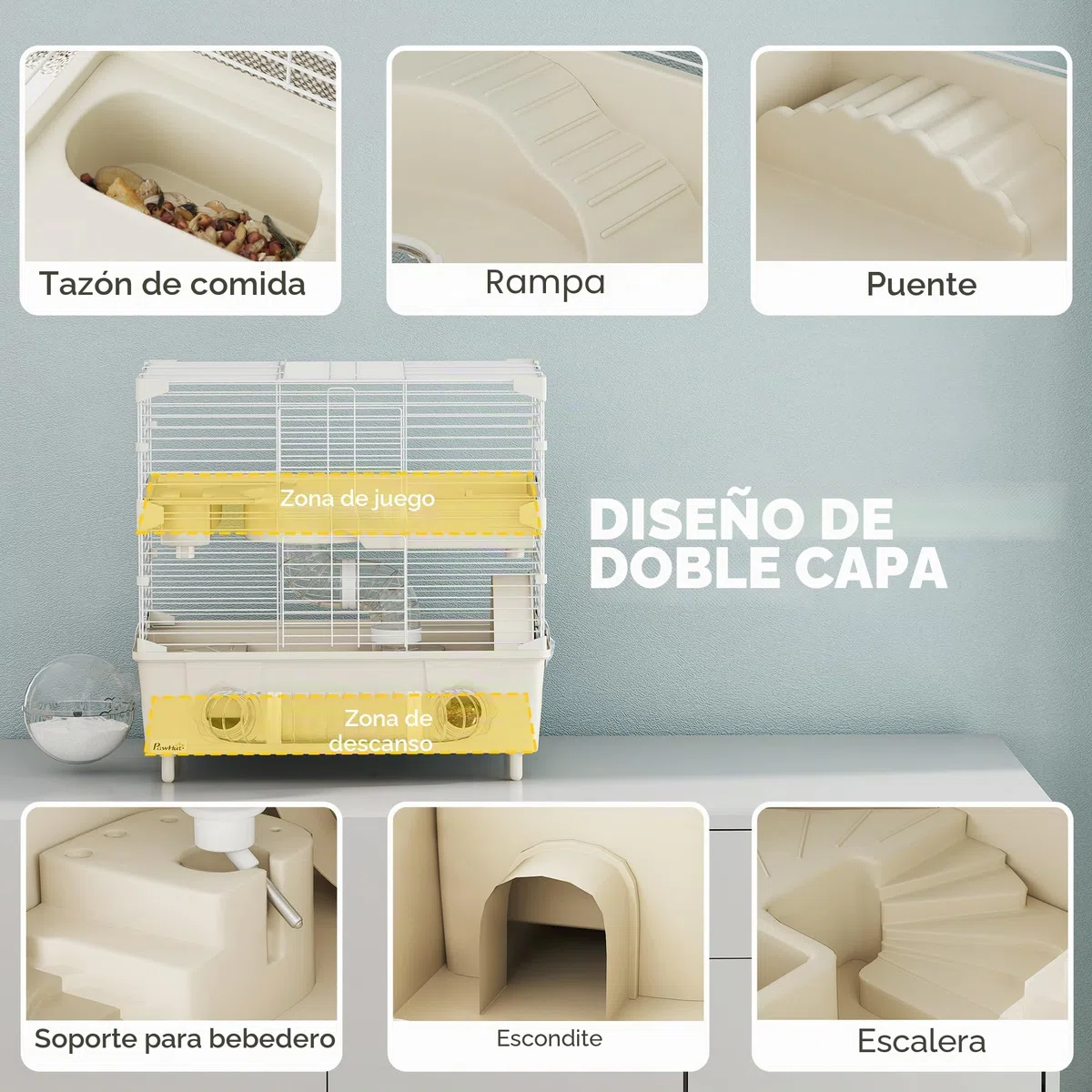 Jaula para hámster PawHut de 2 Niveles y 3 Puertas con Rueda, Caja de Arena y Tubos de Juego, Jaula para Mascotas de Acero, PS y PP, 44,5x28x44 cm, Crema y Blanco | Caja de arena con tubos de juego, jaula para hámster, acero, PS y PP, 44,5 x 28 x 44 cm
