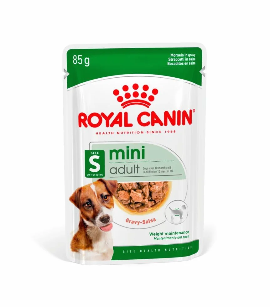 Royal Canin Mini Adult en Salsa | Pack de 4 | 4 x 12 x 85 g | Comida húmeda para Perros pequeños Adultos (de 1 a 10 kg) | De 10 Meses a 12 años | Contenido energético Ajustado
