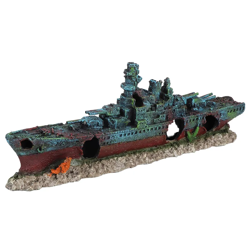 Barco de naufragio de Resina, Acorazado hundido, Barco de Guerra, pecera, Adorno de Acuario, decoración de Cueva, Modelo de Barco de naufragio de simulación con múltiples Agujeros