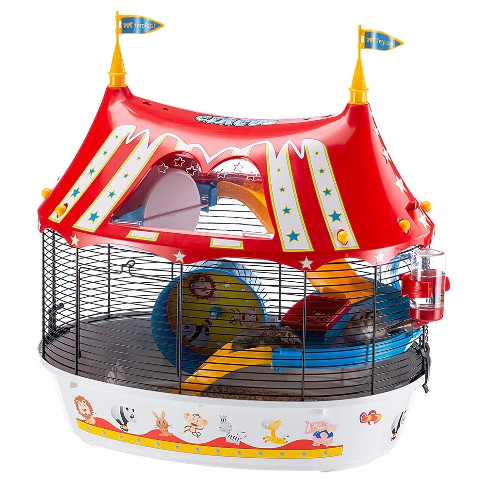 Ferplast Jaula de Tres Pisos para hámsteres Circus Fun, Ratones y pequeños roedores, Plástico Robusto y Metal, Coloridos Adhesivos y Accesorios incluidos 49,5 x 34 x h 42,5 cm Negro