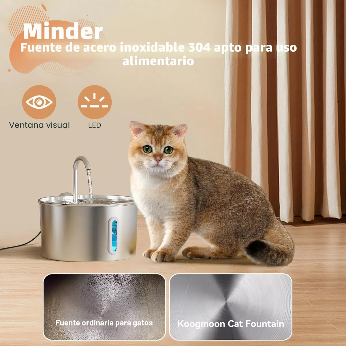 2,2 L Fuente de Agua para Gatos Acero Inoxidable 6 Filtros + 3 Esponjas