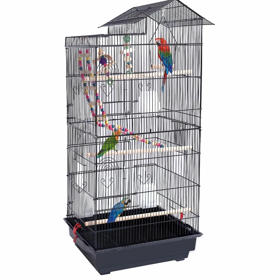 BAKAJI Jaula de Aviones para pájaros, Loros inseparables, calopsite, periquitos, volátiles, de Metal y Madera Negra con Juguetes, Accesorios, Jaula con Escalera y Bandeja extraíble