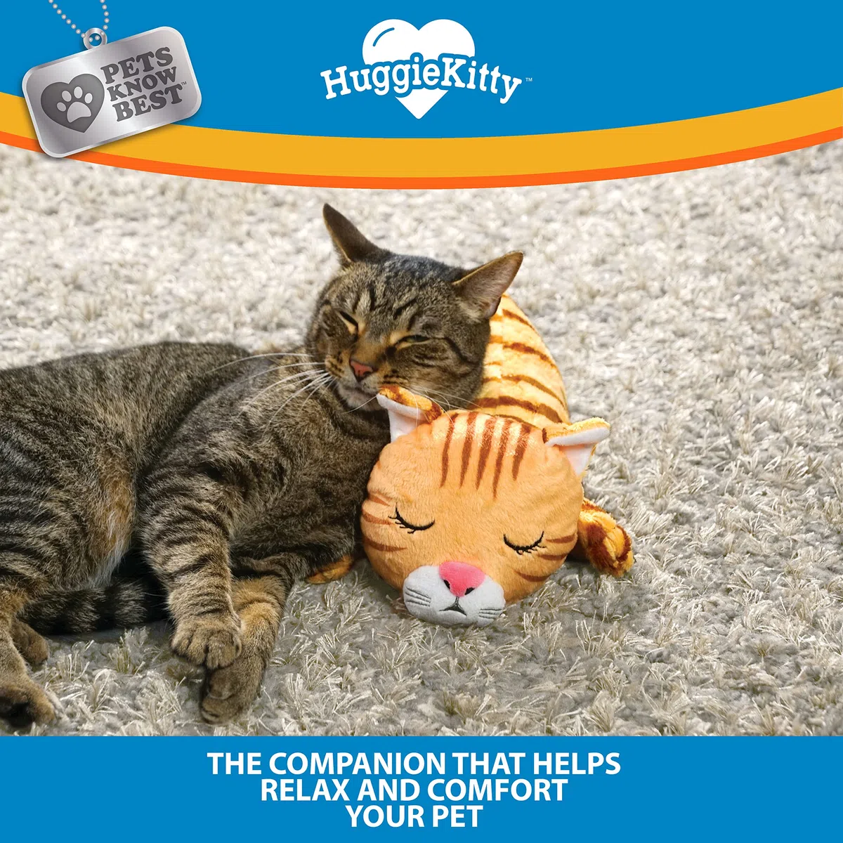 Pets Know Best HuggieKitty - Juguete de Peluche para Gatos, Sonido Relajante y Calidez Que Ayuda a relajar y reconfortar a tu Mascota, ronroneo y Latido del corazón, Paquete de calefacción, Naranja