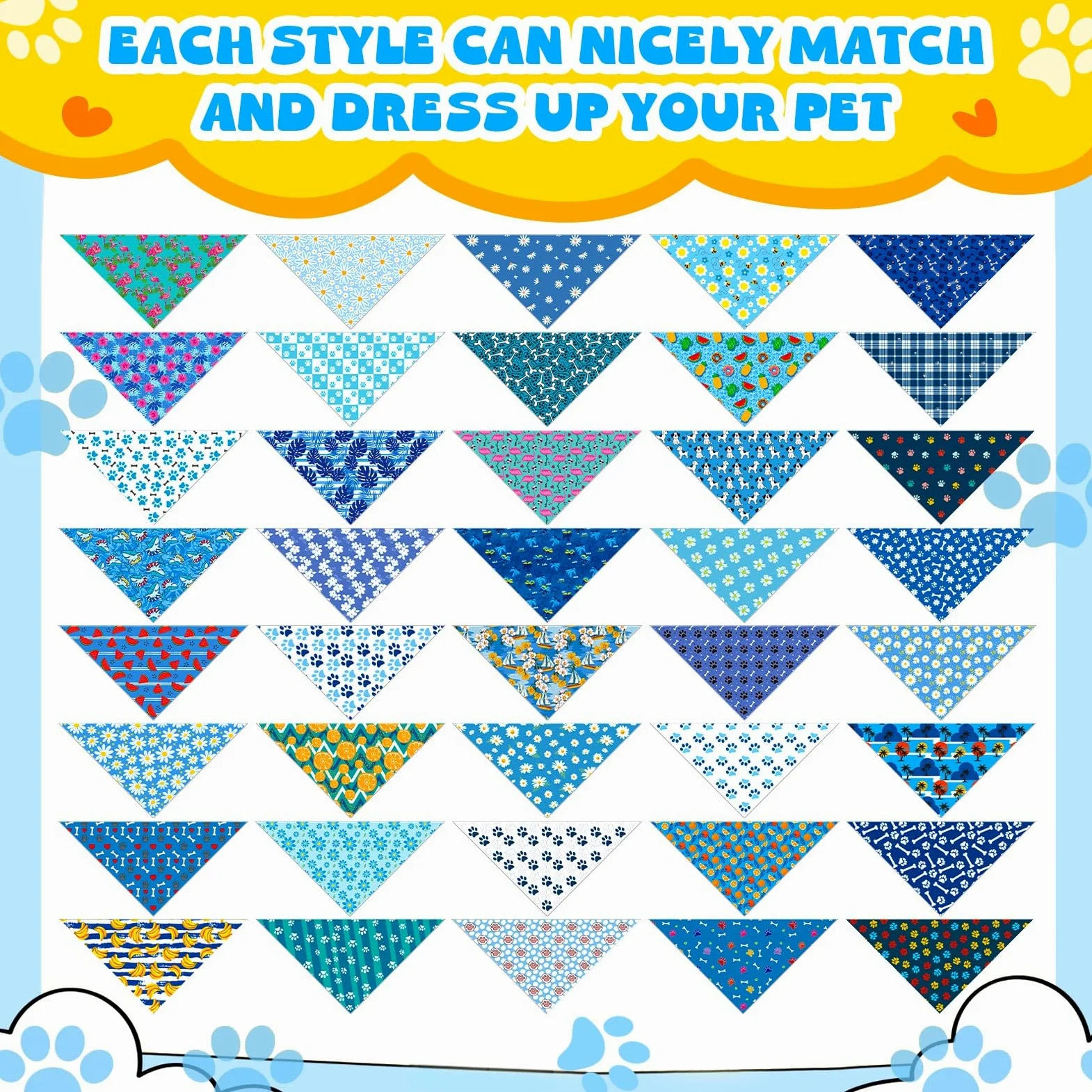 Sanwuta 120 bandanas azules con estampado de huellas de animales a granel para perros, pañuelo triangular para mascotas, accesorios diarios