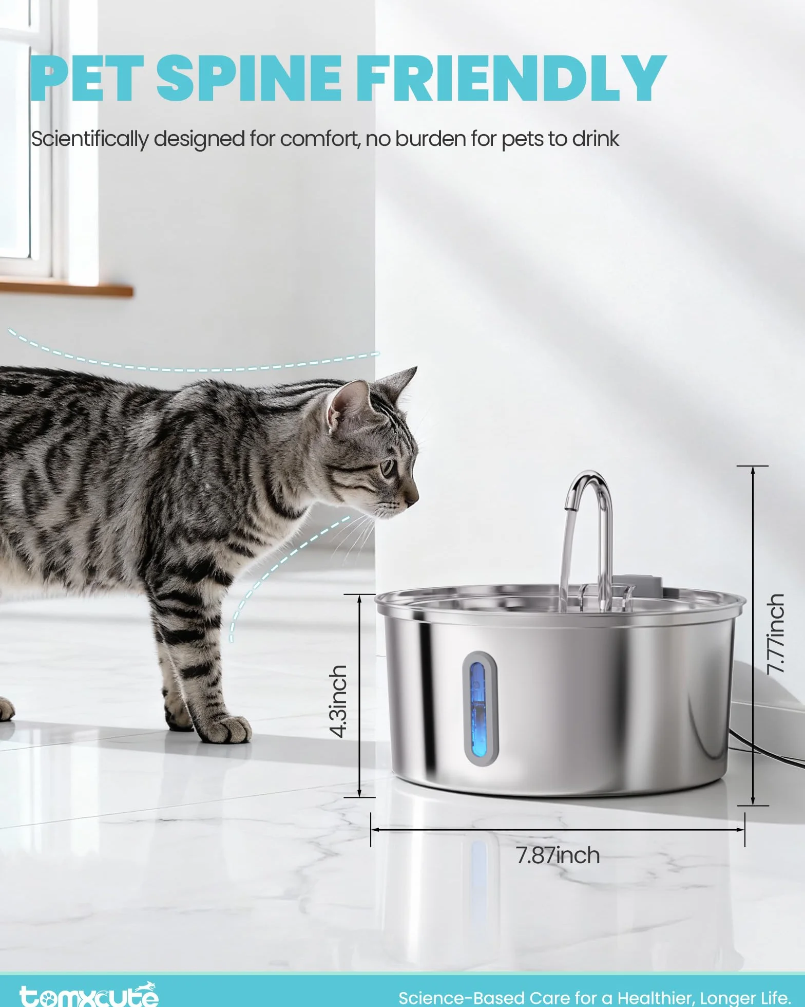 Tomxcute - Fuente de Agua para Gatos, dispensador automático de Agua de Acero Inoxidable de 3.2 l/12 onzas, Bomba Ultra silenciosa y 3 filtros de Repuesto y para Gatos, Perros, múltiples Mascotas