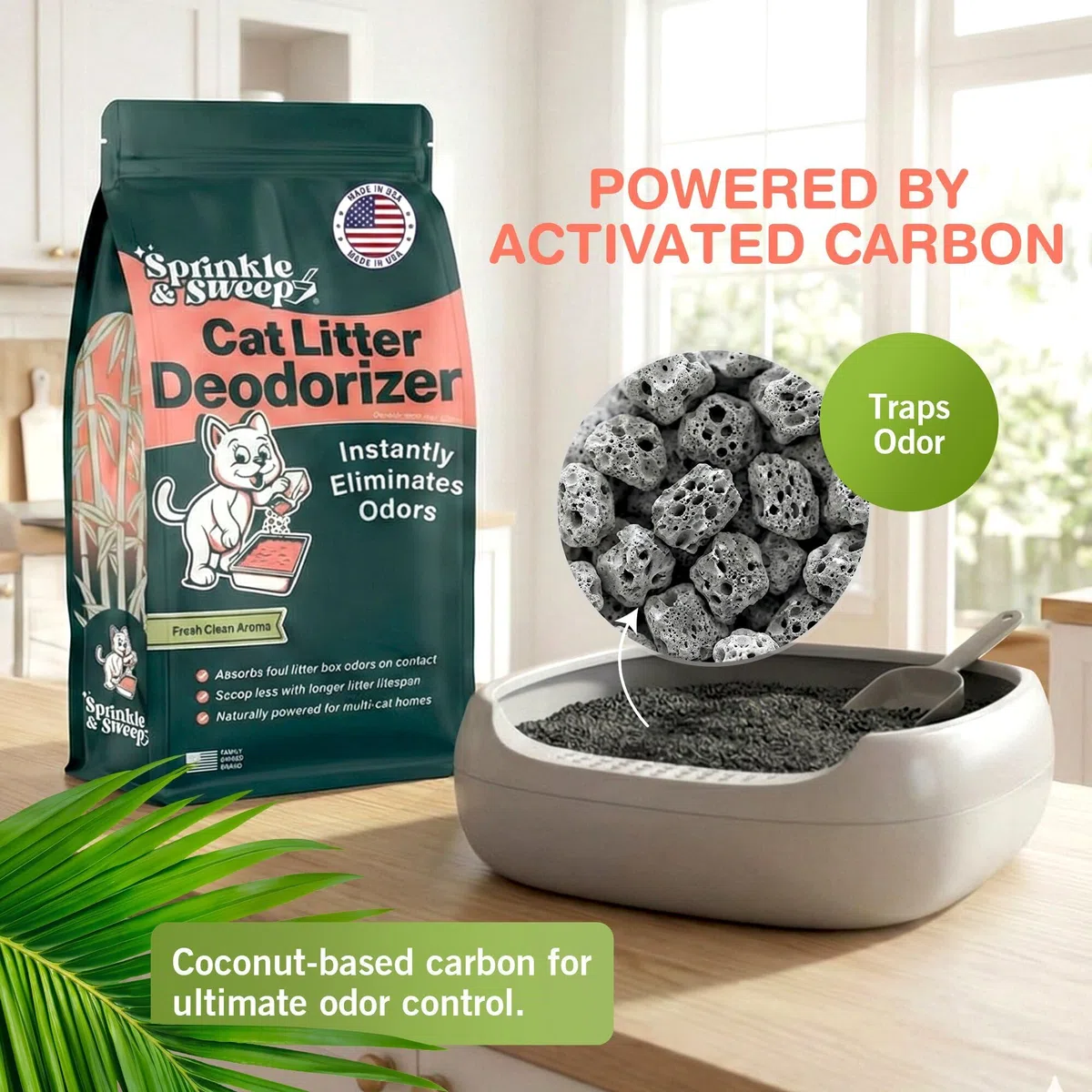 Sprinkle & Sweep Desodorante de caja de arena – Desodorante de arena para gatos no tóxico y seguro para gatitos – Desodorizador de arena elimina instantáneamente los olores sucios de arena y orina,