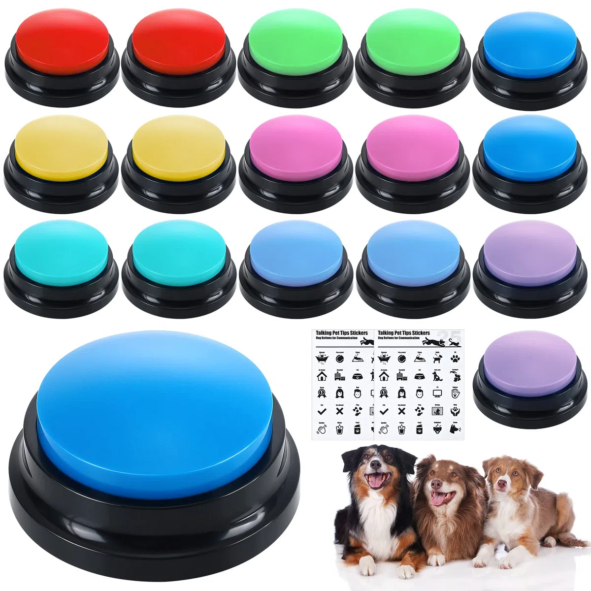 Jerify 16 botones de perro para comunicación, 8 colores, 30 segundos grabables de respuesta, zumbadores de voz grabables, juegos de botones de conversación para perros para entrenamiento de mascotas