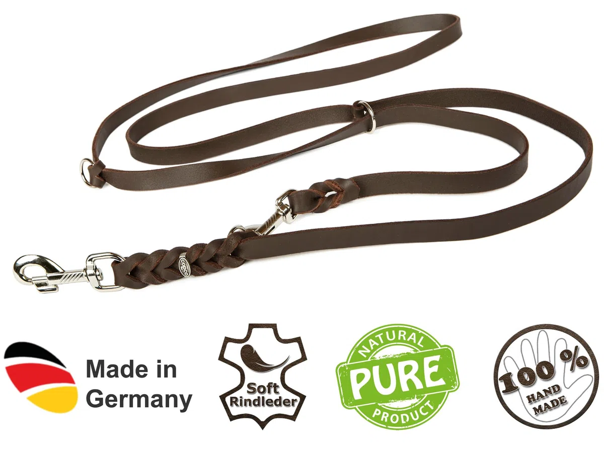 Correa de piel con 3 compartimentos ajustables, correas de perro con mosquetones cromados, cuerda trenzada para perros pequeños de hasta 25 kg (3 m x 18 mm, azul marino)