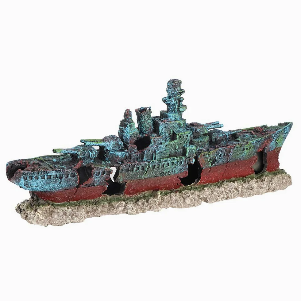 Barco de naufragio de Resina, Acorazado hundido, Barco de Guerra, pecera, Adorno de Acuario, decoración de Cueva, Modelo de Barco de naufragio de simulación con múltiples Agujeros
