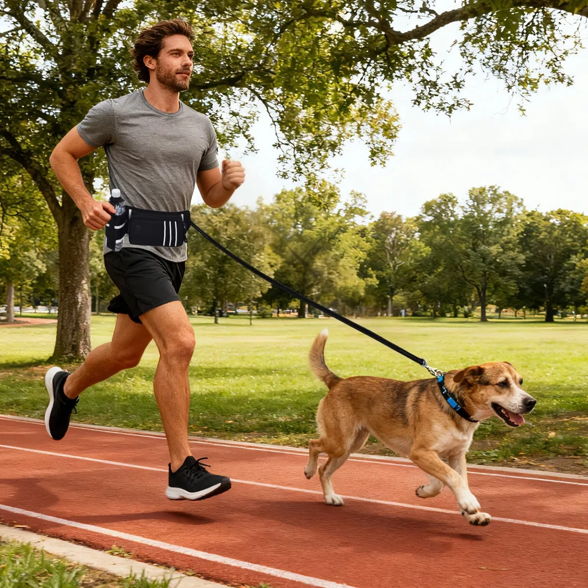 Juego de correa para perro manos libres, cinturón ajustable de 23.6 a 47.2 pulgadas con soporte para botella de agua, correa elástica reflectante que absorbe los golpes, hebilla giratoria de 360