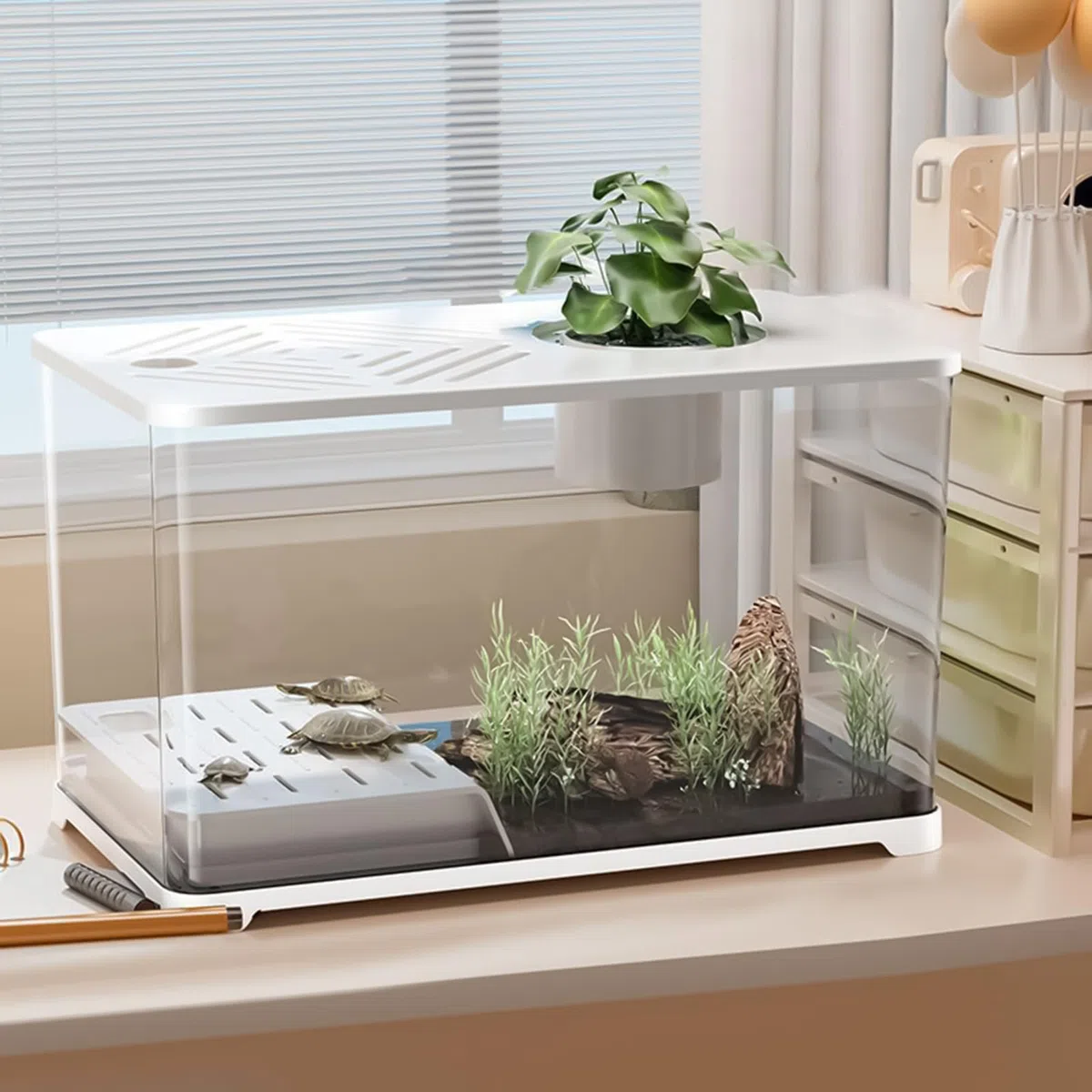 Acuario Kits De Inicio para Acuarios Grandes | Contenedor Panorámico Con Zona Para Tortugas Y Plantas Acuáticas, Para Guppys, Gambas, Caracoles Y Decoración De Escritorio