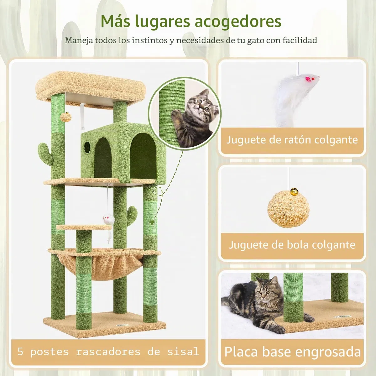 Globlazer Rascador para Gatos Verde Cactus Interior 137 cm con inmenso Hamaca 45 * 40cm, Grande Nidos, Plataformas Acolchada, Estable Árbol Rascador para Gatos Fácil de Montar (F53, Verde Cactus)