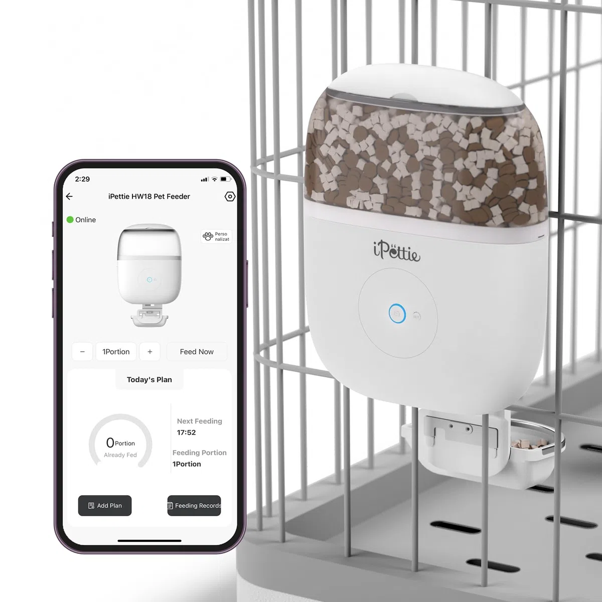 iPettie Smart WiFi - Comedero colgante para conejos, gatos, perros y hámsteres, perfecto para tiendas de mascotas, control remoto y de porciones, alimentación programada, capacidad de 66 onzas,