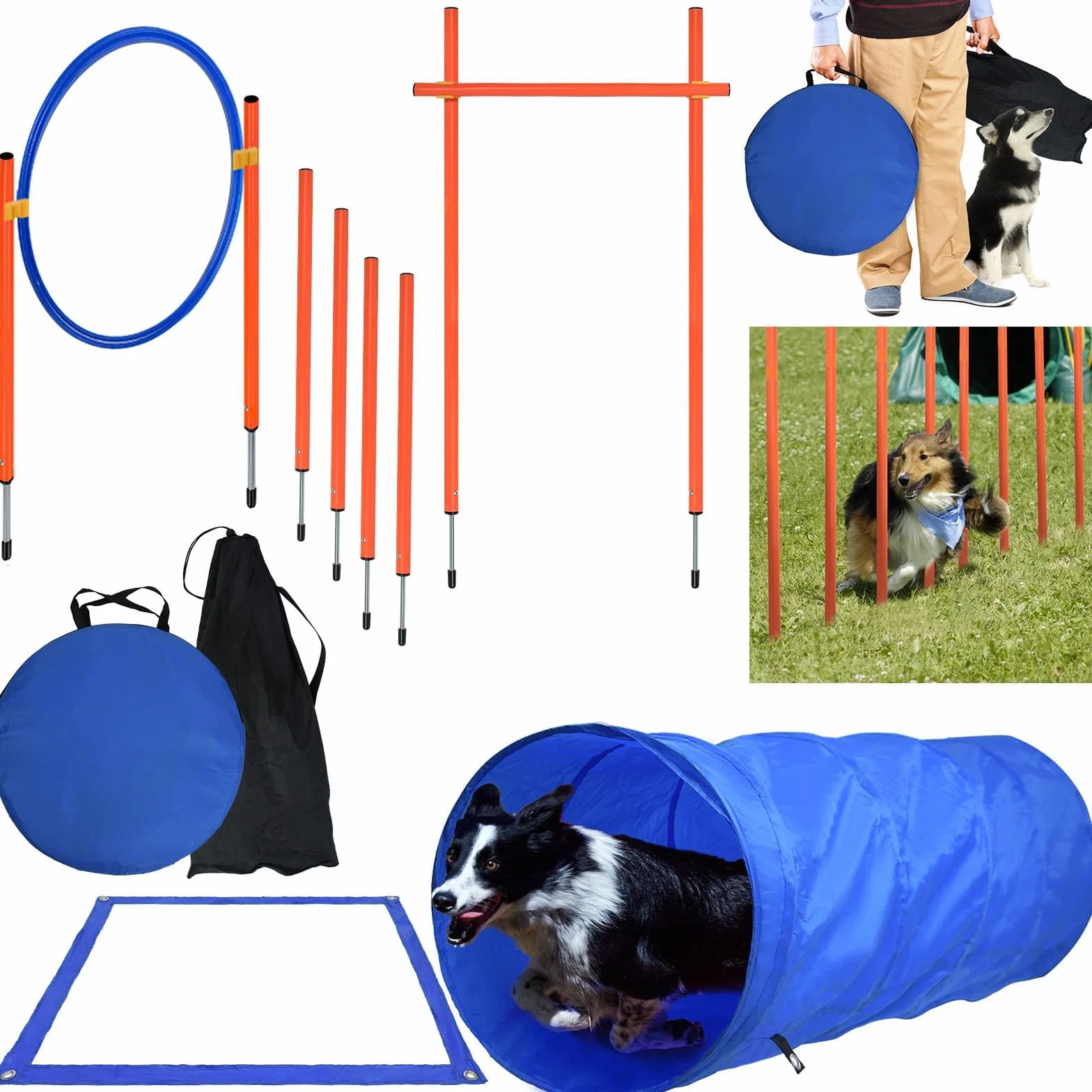 Agility Set de entrenamiento para perros con túnel para perros, obstáculos de altura ajustable, anillo de salto y varillas, juego de entrenamiento para mascotas, incluye bolsa de transporte