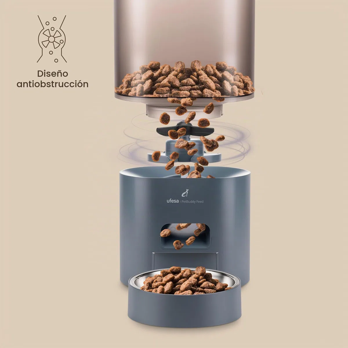 Ufesa Comedero Dispensador Automático para Mascotas 3L, Programable hasta 4 Comidas Diarias, Bol de Acero Inoxidable, Cable USB Antimordeduras, Sistema Antiobstrucción, Cierre Infantil y Alarma Sonora