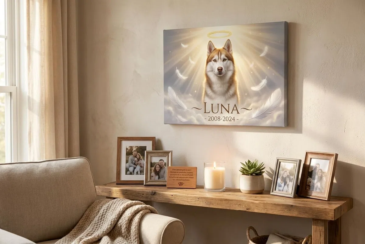 BKCREATIONS Lienzo memorial personalizado mascota Luz Celestial - Perro gato recuerdo - Regalo condolencias marco madera (40 x 30 cm)