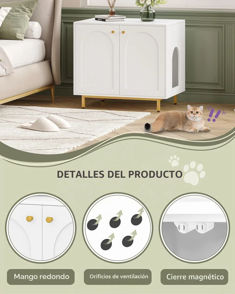 Hzuaneri Caja de Arena para Gatos, Muebles de Caja de Arena, Mesa Auxiliar para Casa de Mascotas, Banco de Gabinete de Almacenamiento, se Adapta a la Mayoría de Gatos, Blanco y Dorado CB85003G
