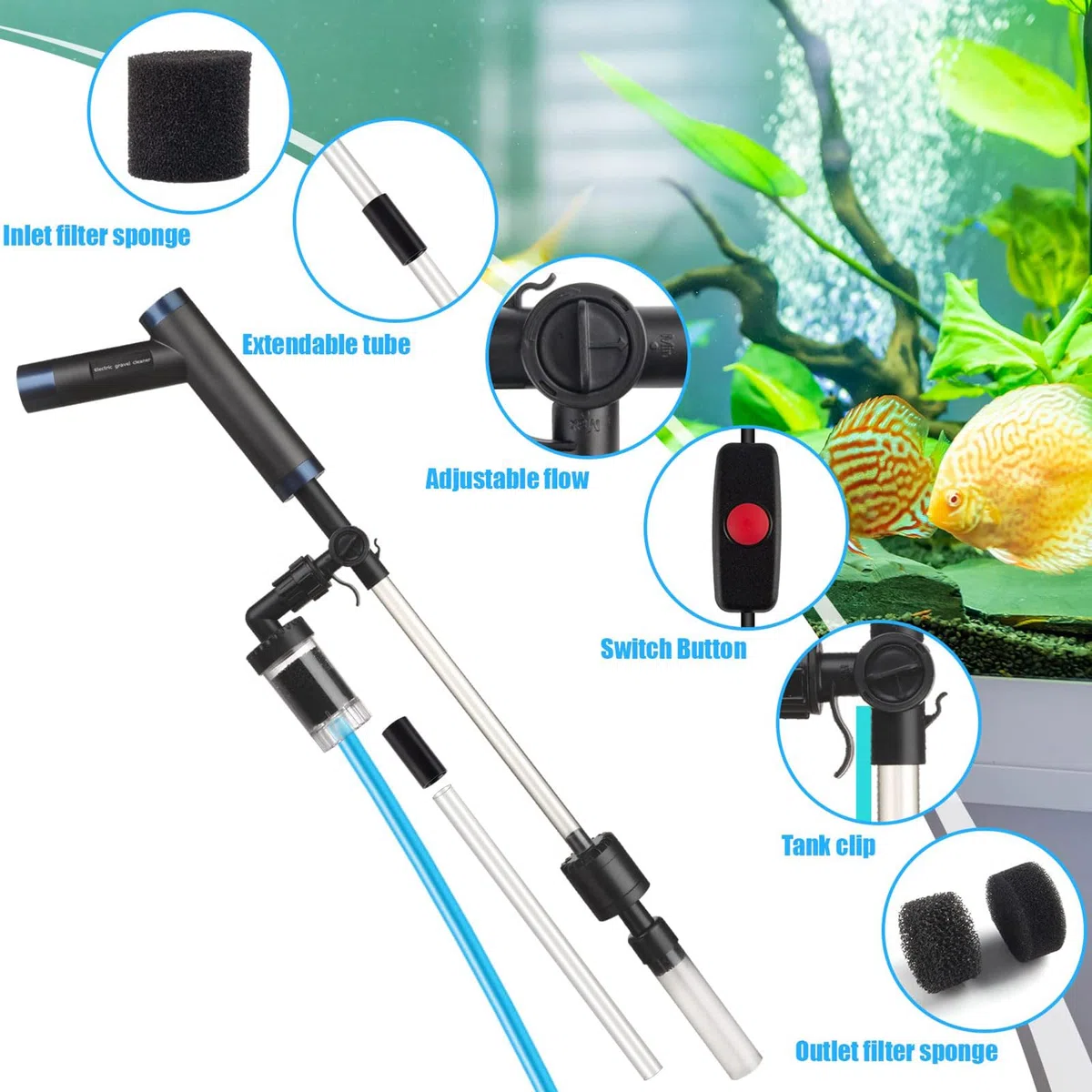 Lavadora Permanente de hábitat subacuático de 6 W con filtración de Pasos y Pantallas de Espuma para eliminación eficaz de residuos Juego de Limpieza de acuarios