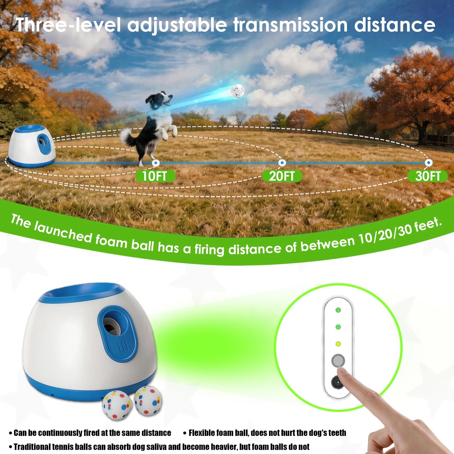 ALLUMK Lanzador automático de Bolas para Perros, 3 distancias Regulables, Doble alimentación, Incluye 6 Bolas de Espuma, Juguete Interactivo para Perros pequeños y medianos Interior y Exterior | Doble alimentación, 6 bolas de espuma incluidas, juguete int