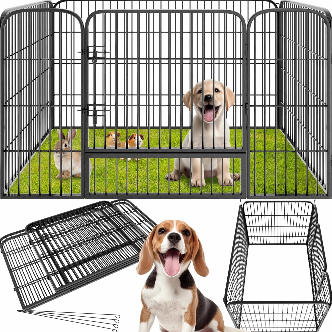 tectake® Parque para Perros, Puerta Seguridad para Niños y Mascotas, Valla Metálica, Jaula Perro, Barrera de Seguridad Plegable, Parque Perros y Conejos, Doble Cierre - Gris