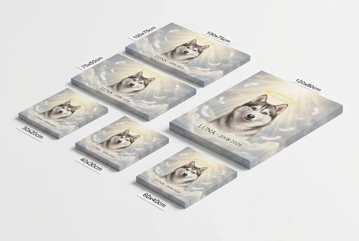 BKCREATIONS Lienzo memorial personalizado mascota Luz Celestial - Perro gato recuerdo - Regalo condolencias marco madera (40 x 30 cm)