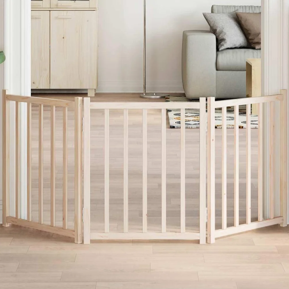 Puerta plegable para perros de madera maciza de abeto de 150 cm de ancho, independiente, plegable, ideal como barrera para vivienda, jardín, interior, protección segura para perros y cachorros