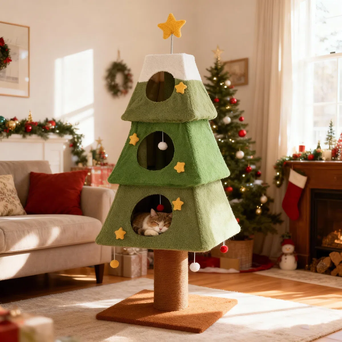 SOARS Árbol rascador de Navidad, 162 cm, con 3 cuevas, columna rascadora, tronco de 19 cm de grosor, bolas colgantes, árbol de Navidad, árbol de Navidad para gatos