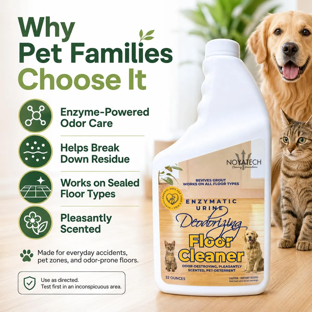 NOYATECH Limpiador de pisos para mascotas para trapear, enzimas orina y eliminador de olores, seguro para madera dura, azulejos, laminado y lechada, concentrado para orina de perro y gato, 32 onzas