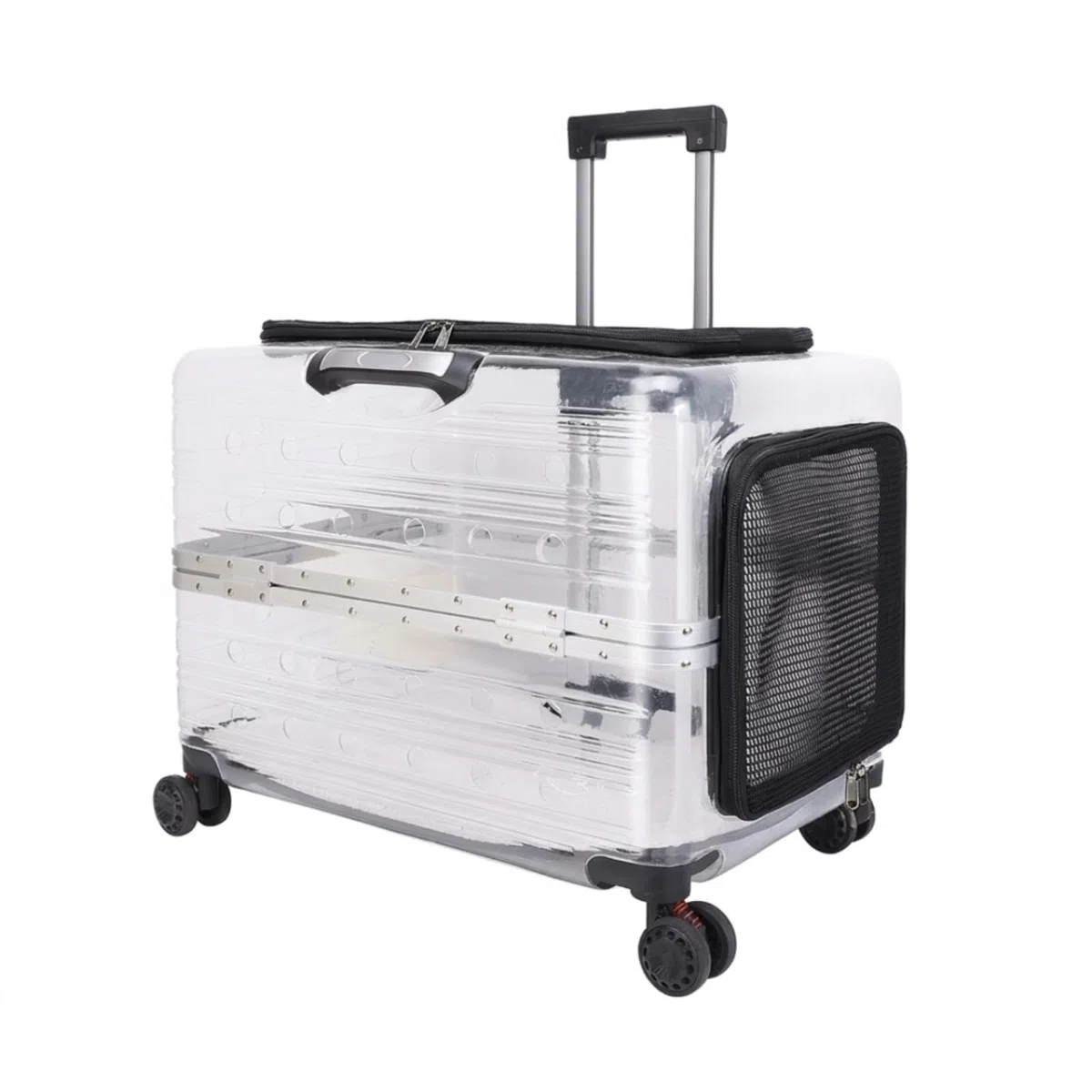 Transportín Transparente con Ruedas Rígido Transportín con Ruedas Ventilado Maleta Transportadora para Gatos, Perros Pequeños, Negro Transparente